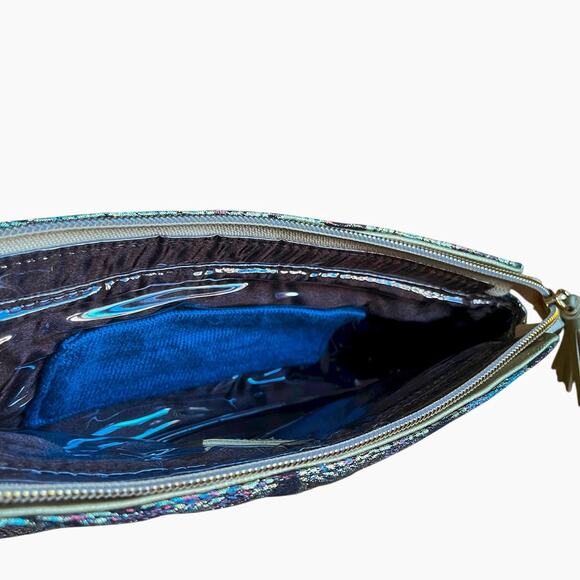 Stephanie Johnson Travel Cosmetic Bag Gold Metallic Peacock Makeup Zip Clutch - Picture 8 of 9